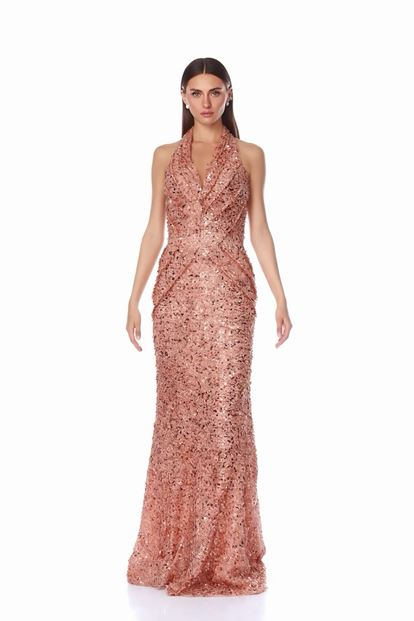 Robe de soirée scintillante rose poudré à col en V